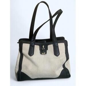 London Fog Beige and Black canvas faux Leather Tote Bag Lock Purse